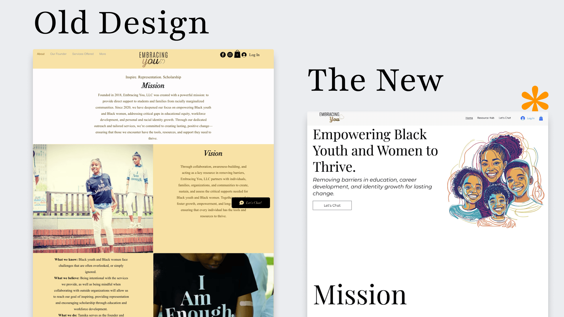 The original website had no structure, too much text, and a confusing layout. My design (on the right) focused on call to action, and conveying the content through a simple layout.
